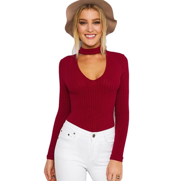 Womens Plain Choker V Neck Leotard Long sleeve top - Picture 2 of 3